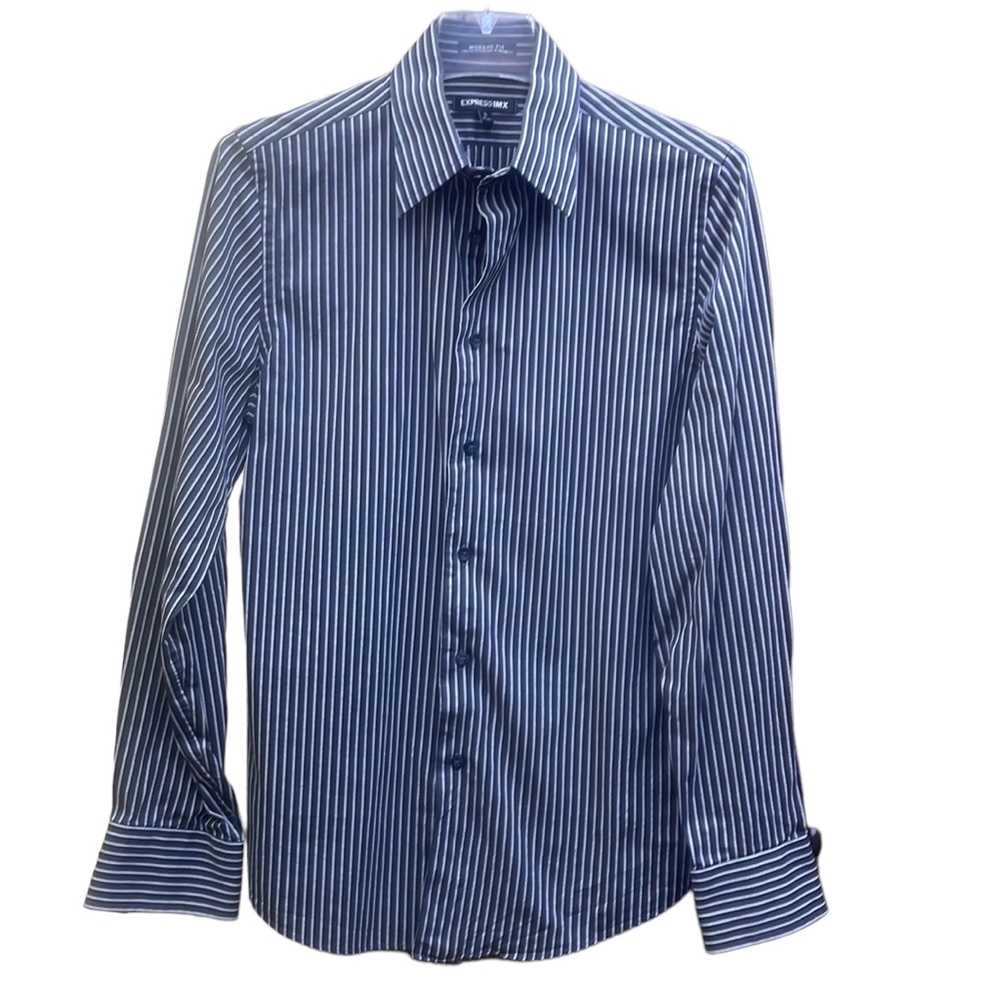 Mens Black With Gray Stripes Long Sleeve Button Down Shirt Small Neck 14-14.5
